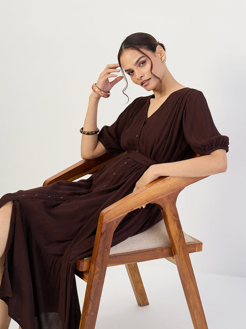 Coffee Brown Crinkled V-Neck Maxi Dress