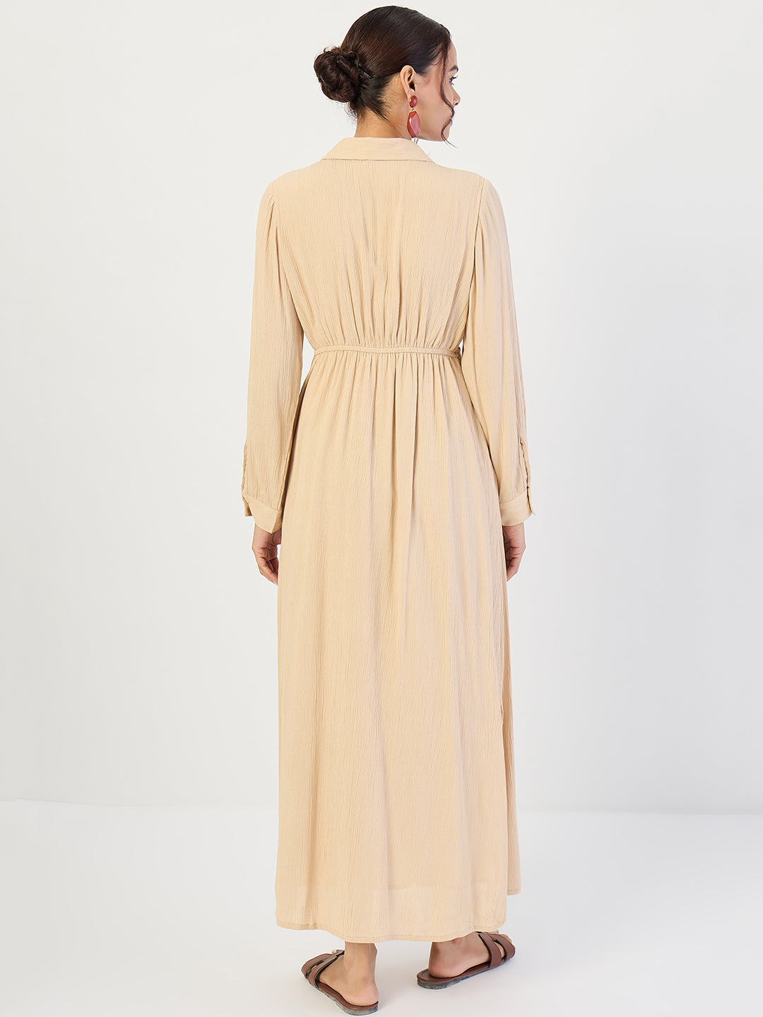 Beige Crinkled Button Down Maxi Dress