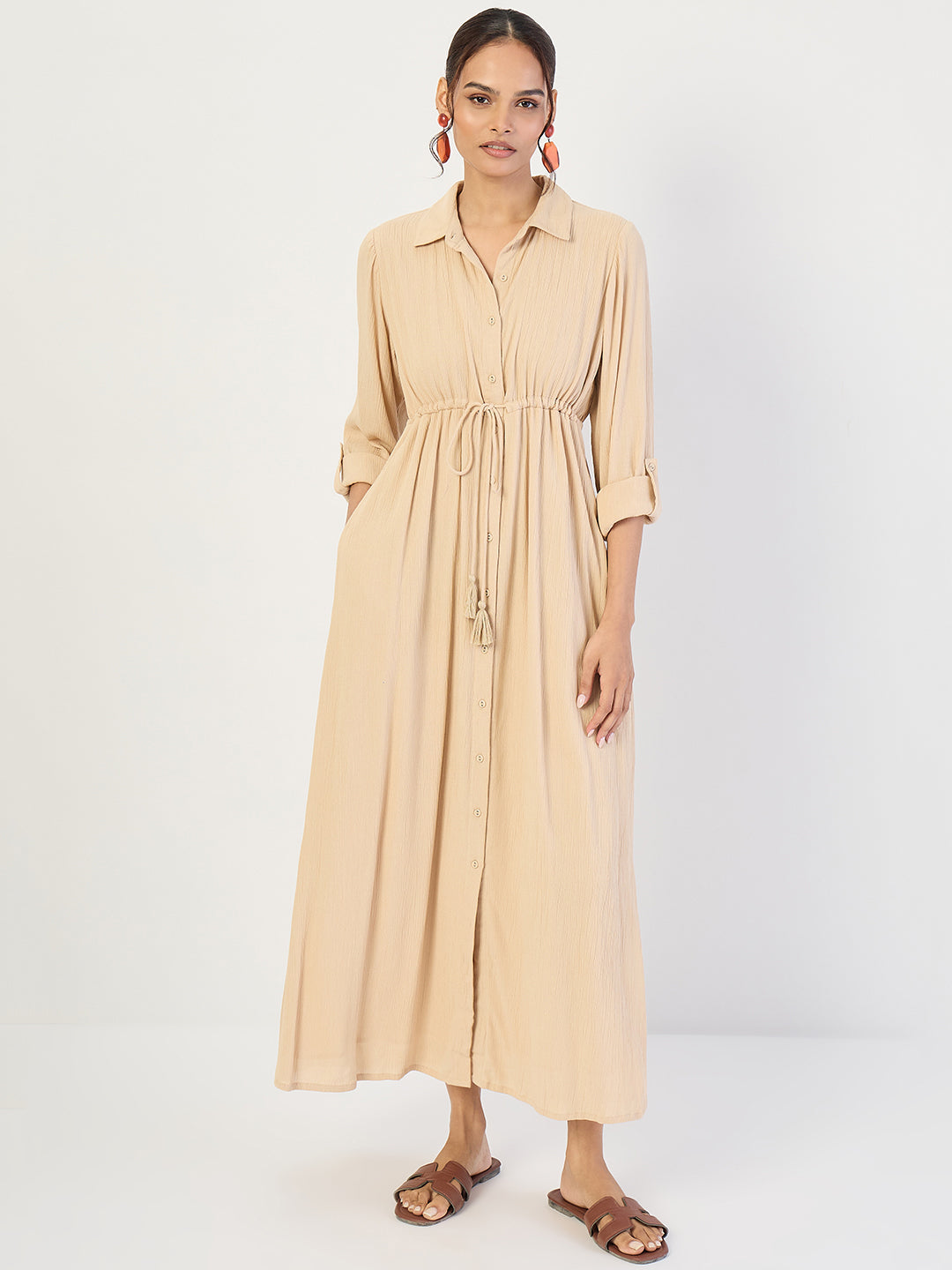 Beige Crinkled Button Down Maxi Dress