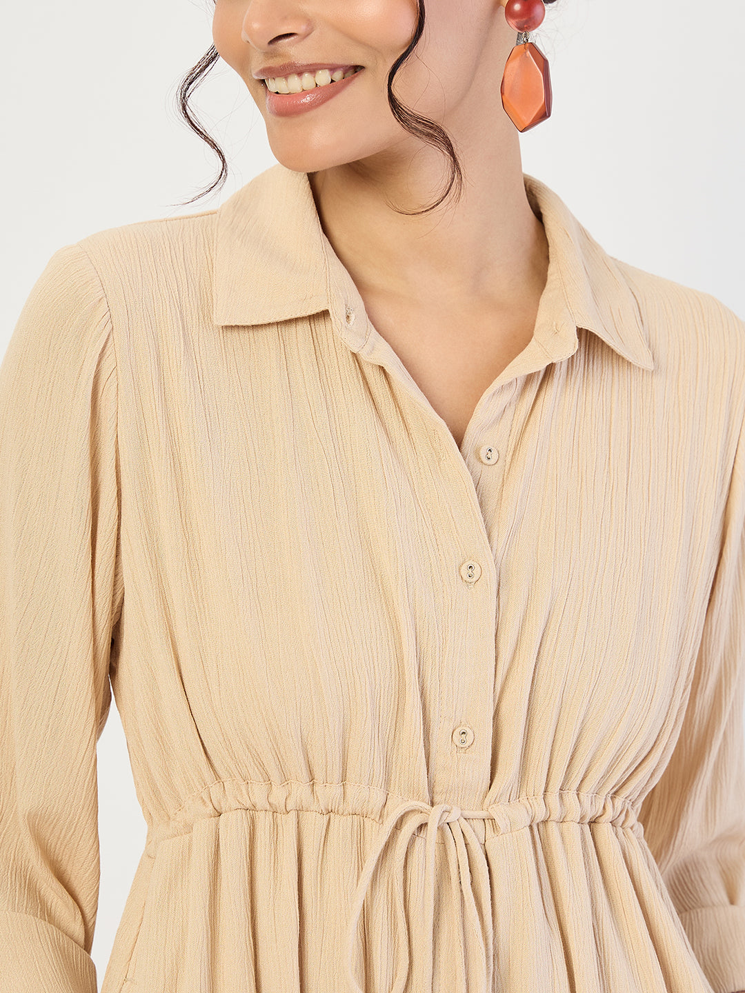 Beige Crinkled Button Down Maxi Dress