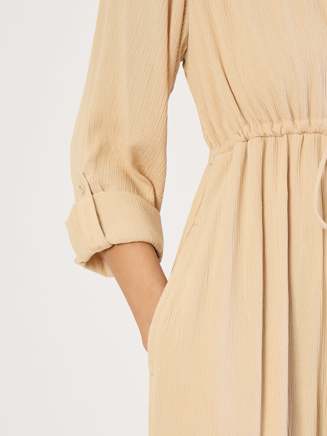 Beige Crinkled Button Down Maxi Dress