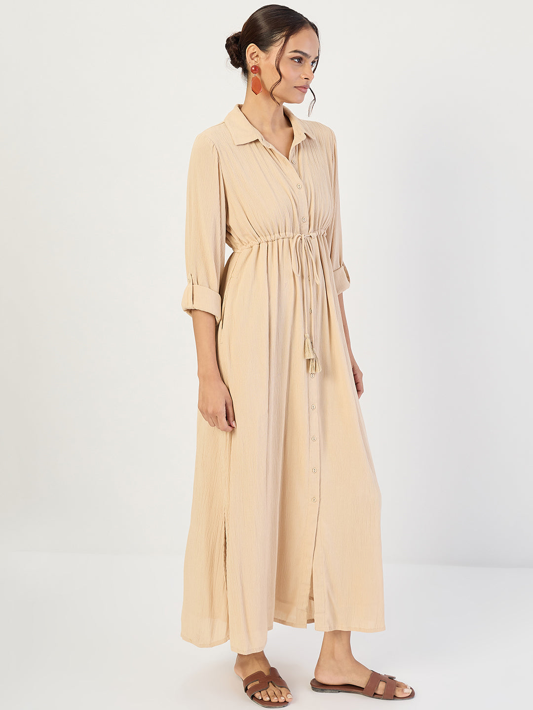 Beige Crinkled Button Down Maxi Dress
