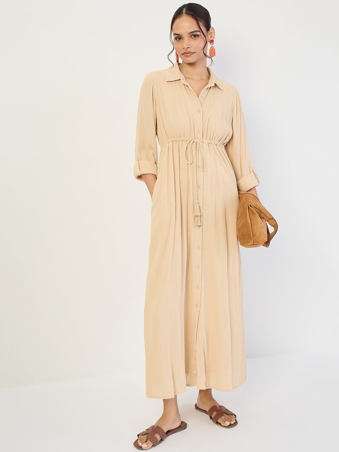 Beige Crinkled Button Down Maxi Dress