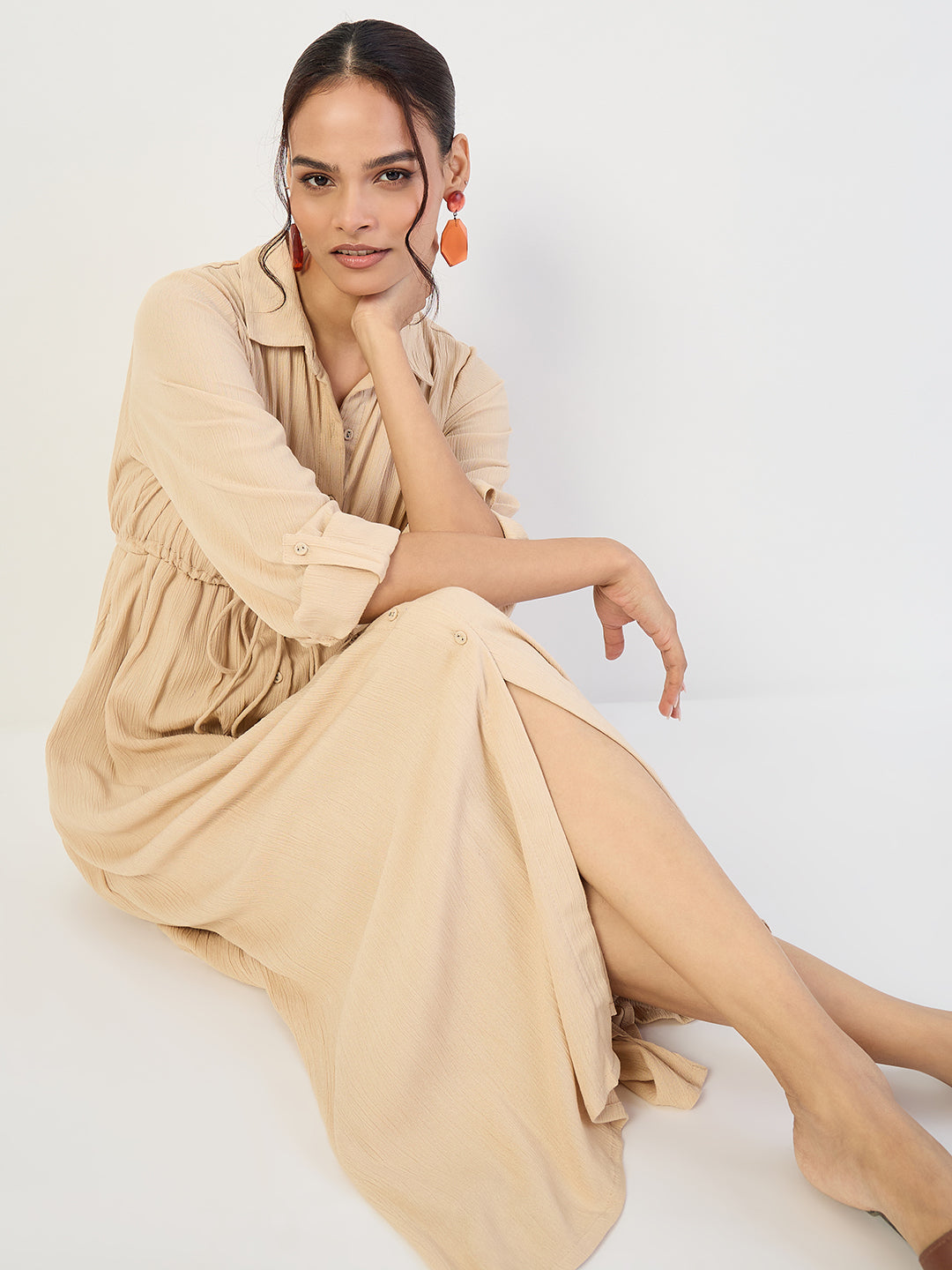Beige Crinkled Button Down Maxi Dress
