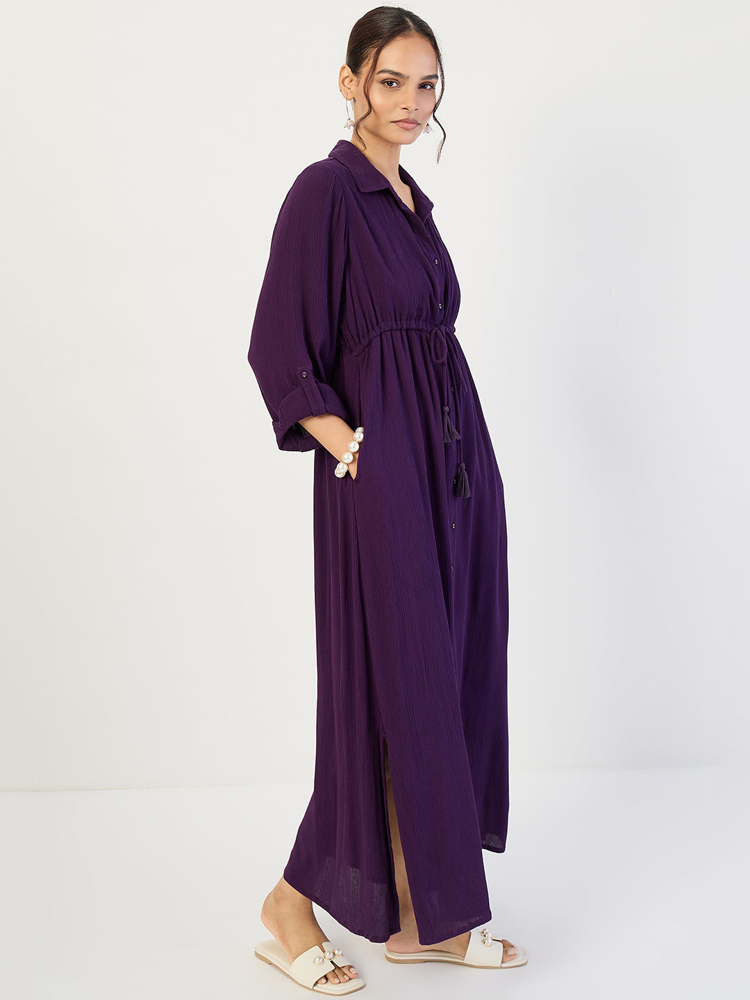 Deep Purple Crinkled Button Down Maxi Dress