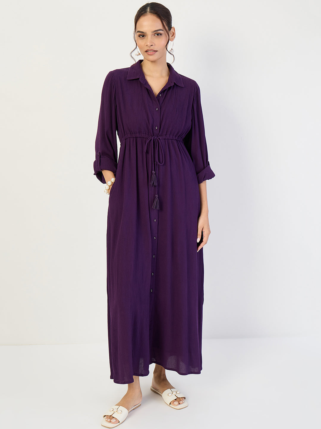 Deep Purple Crinkled Button Down Maxi Dress