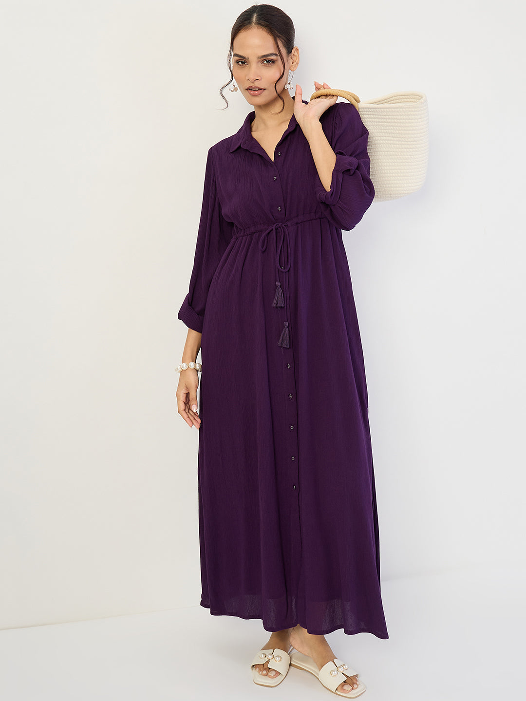 Deep Purple Crinkled Button Down Maxi Dress