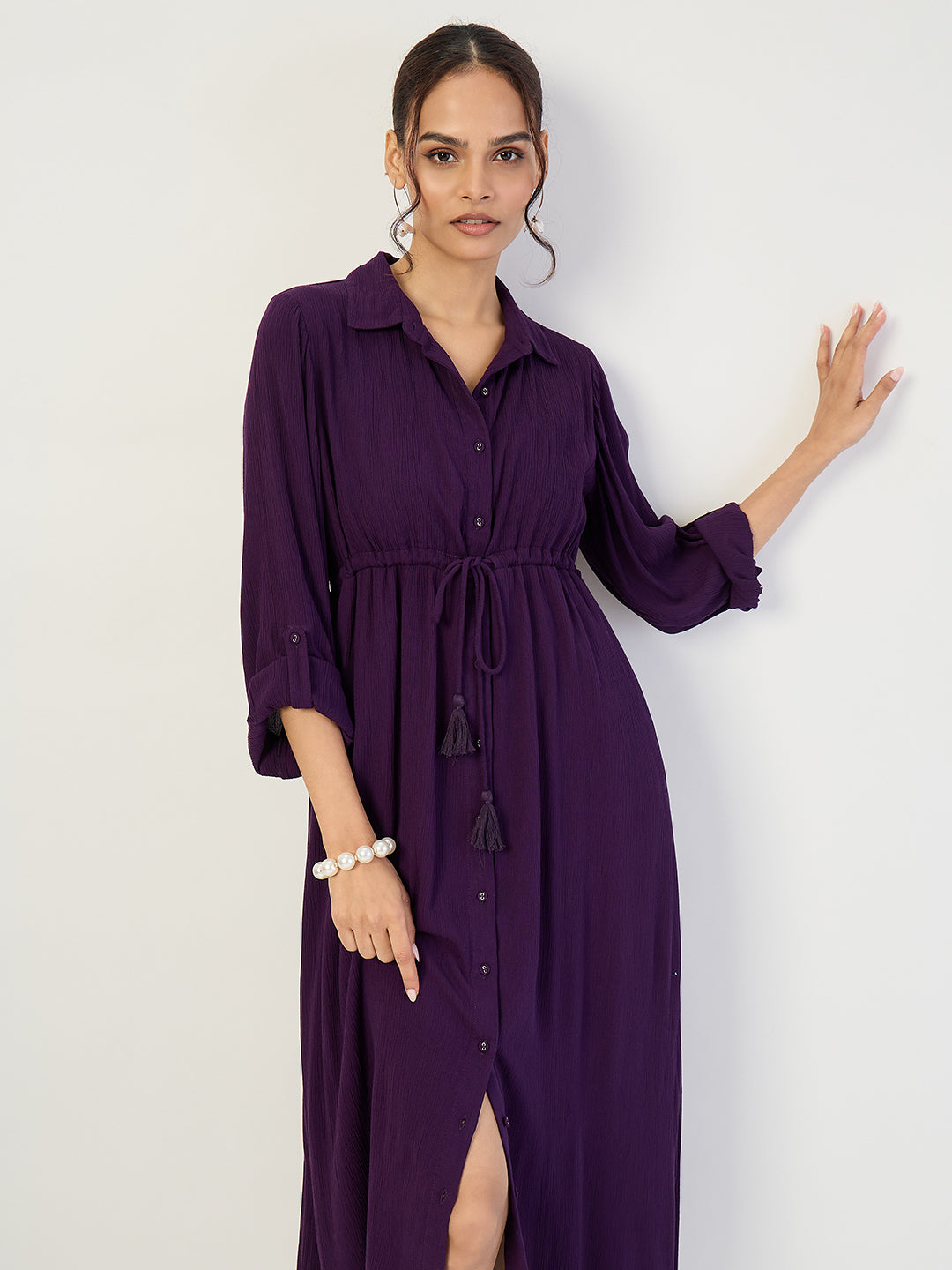 Deep Purple Crinkled Button Down Maxi Dress