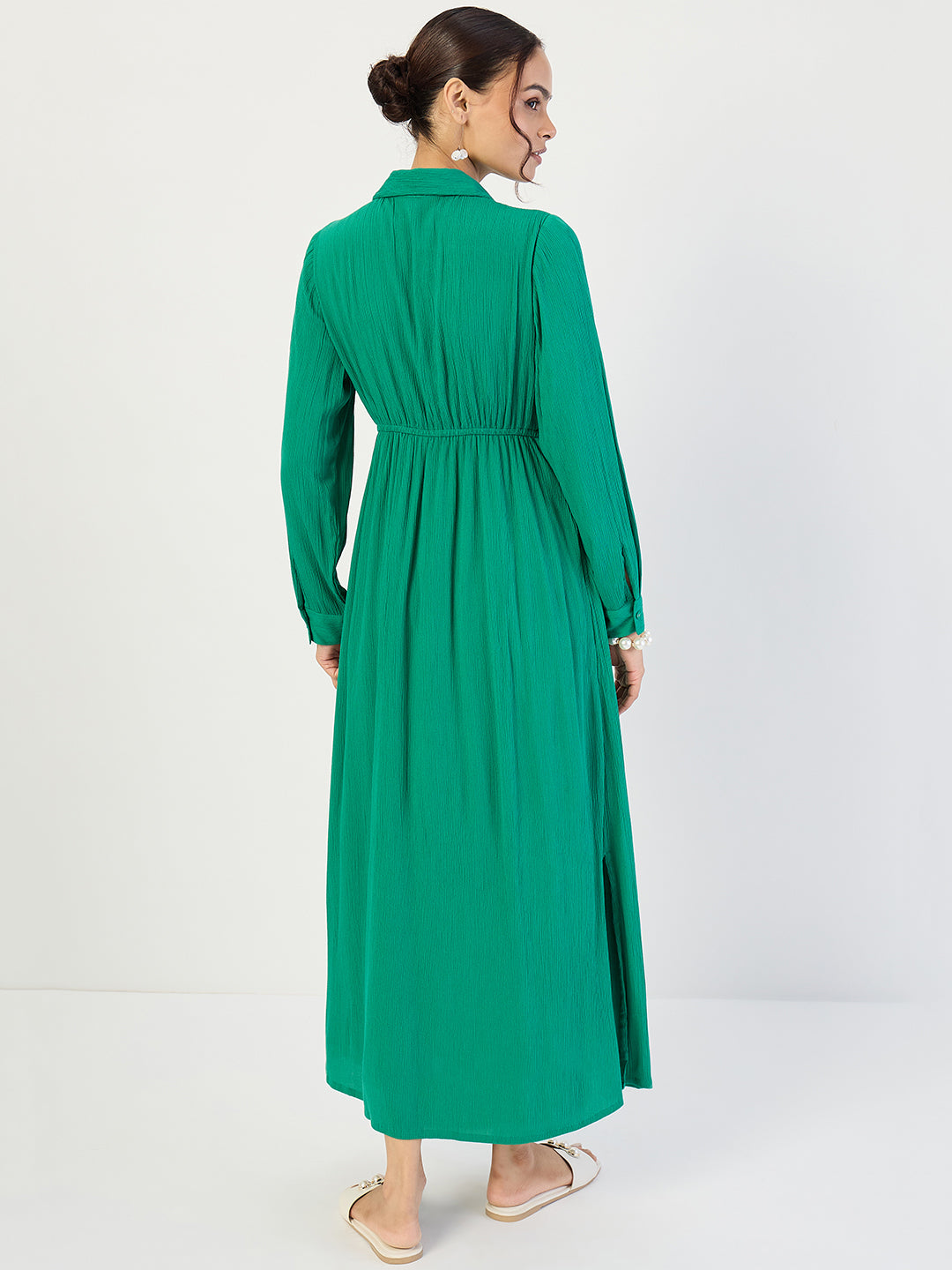 Emerald Green Crinkled Button Down Maxi Dress