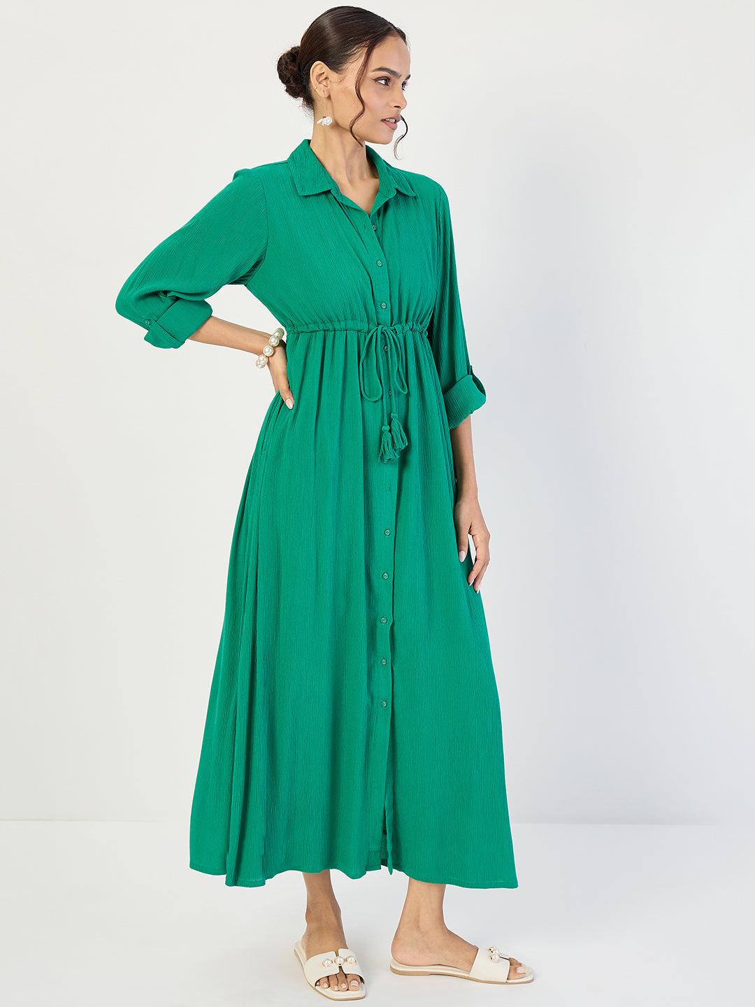 Emerald Green Crinkled Button Down Maxi Dress