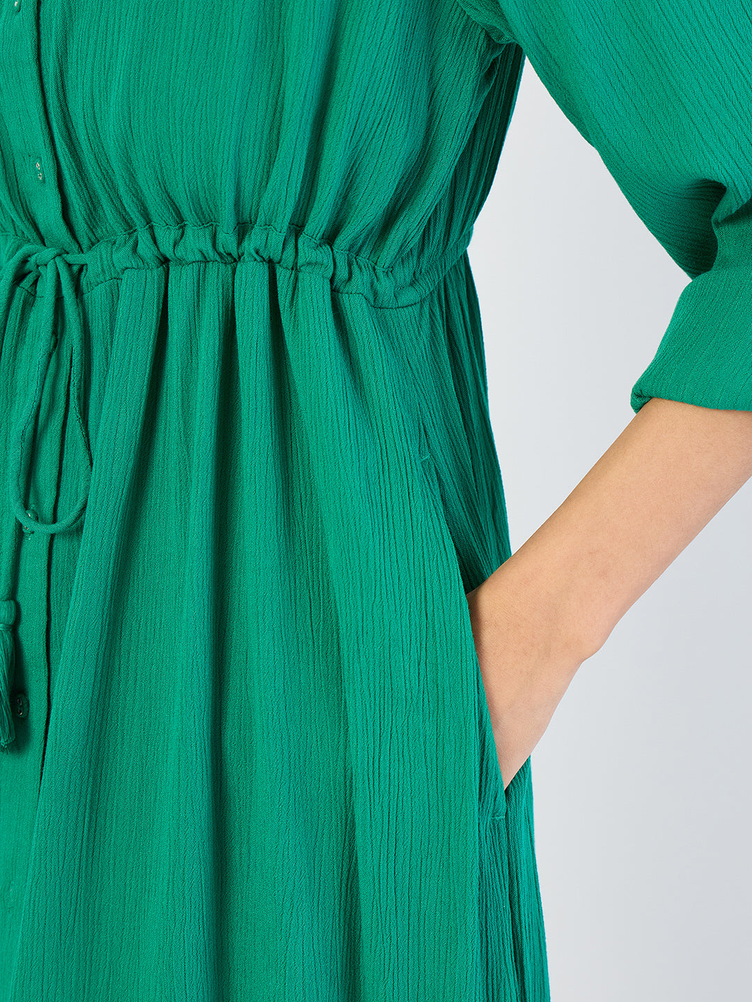 Emerald Green Crinkled Button Down Maxi Dress