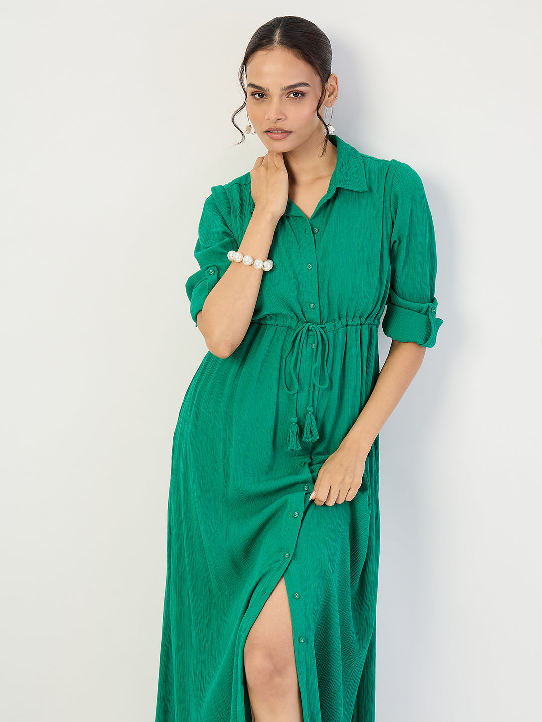 Emerald Green Crinkled Button Down Maxi Dress
