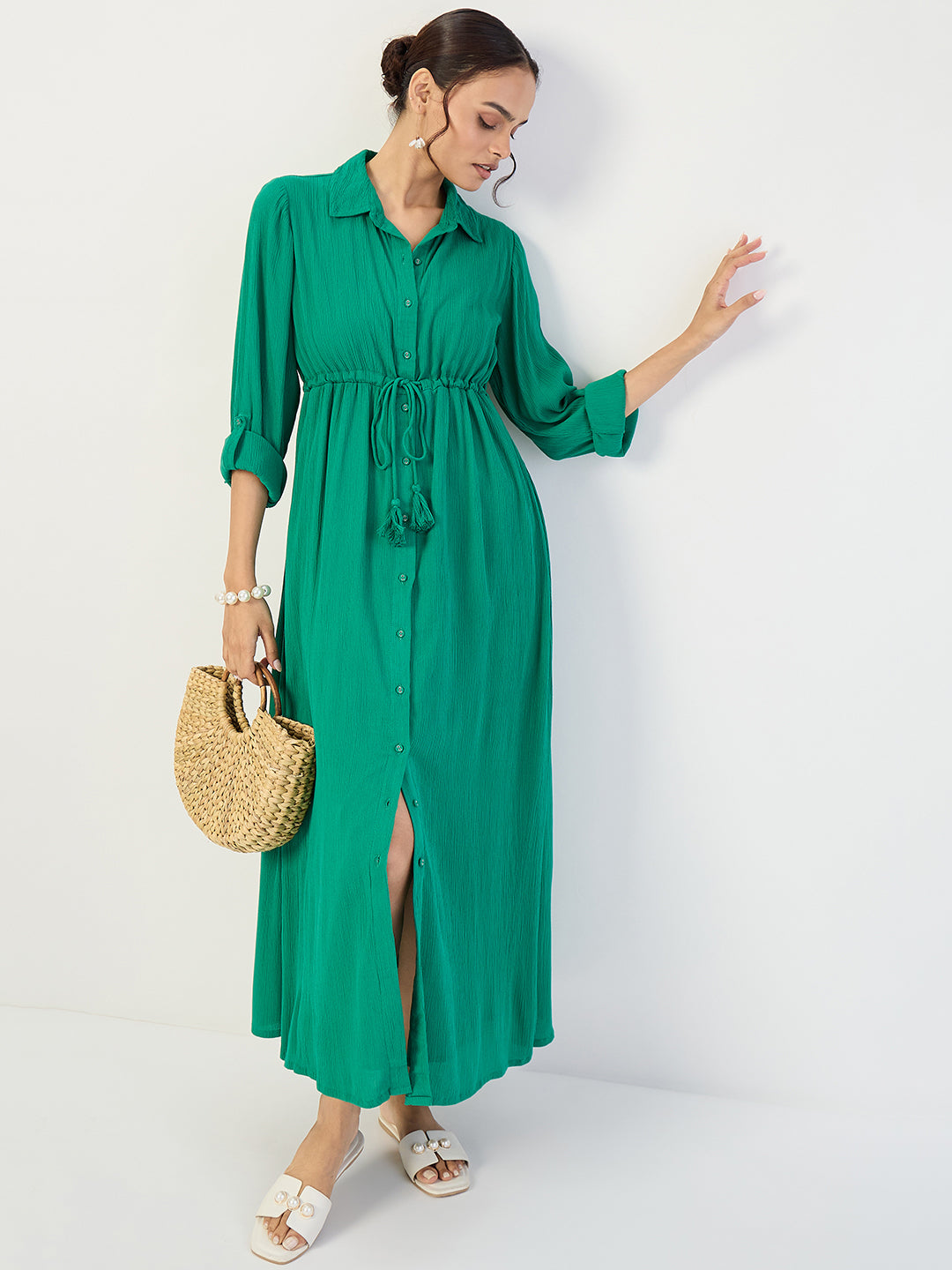 Emerald Green Crinkled Button Down Maxi Dress