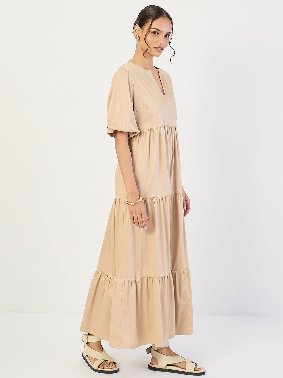 Beige Cotton Tiered Maxi Dress