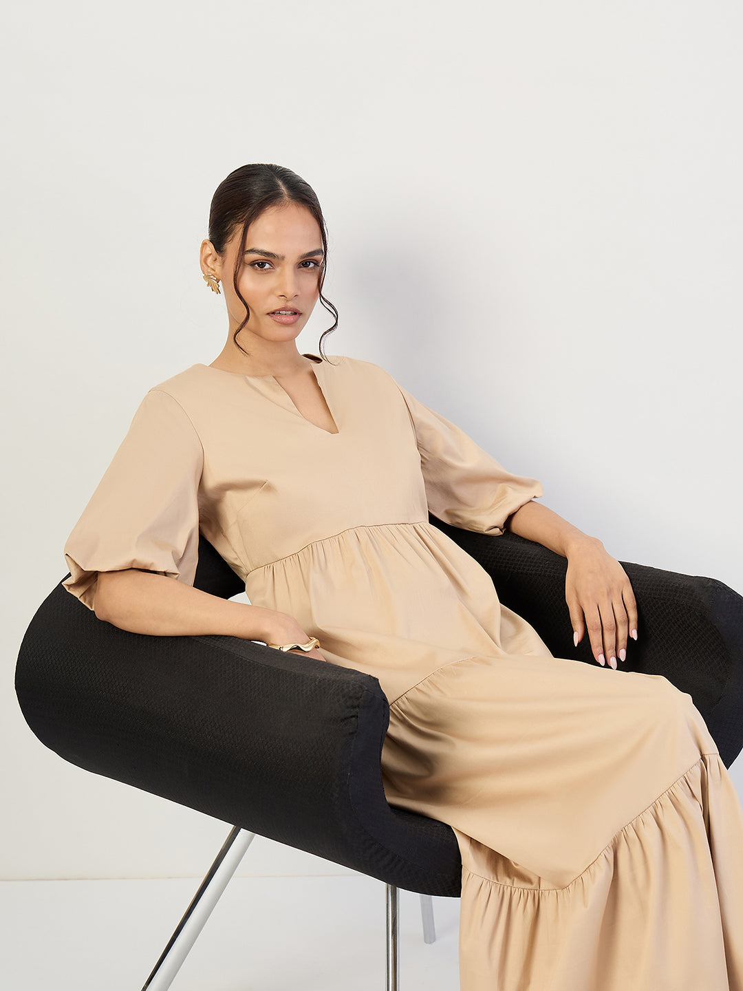 Beige Cotton Tiered Maxi Dress