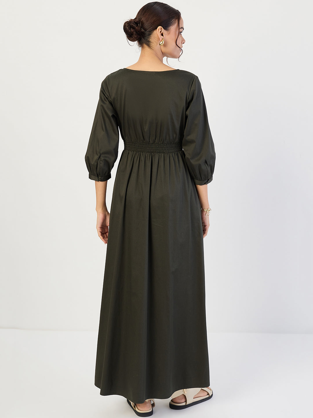 Olive Cotton Corset Detailing Maxi Dress