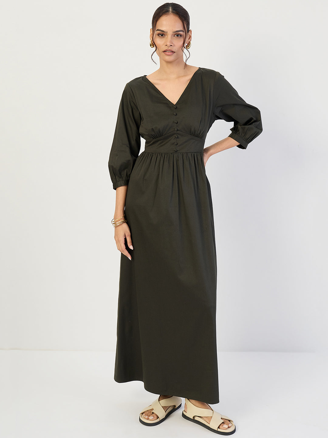 Olive Cotton Corset Detailing Maxi Dress