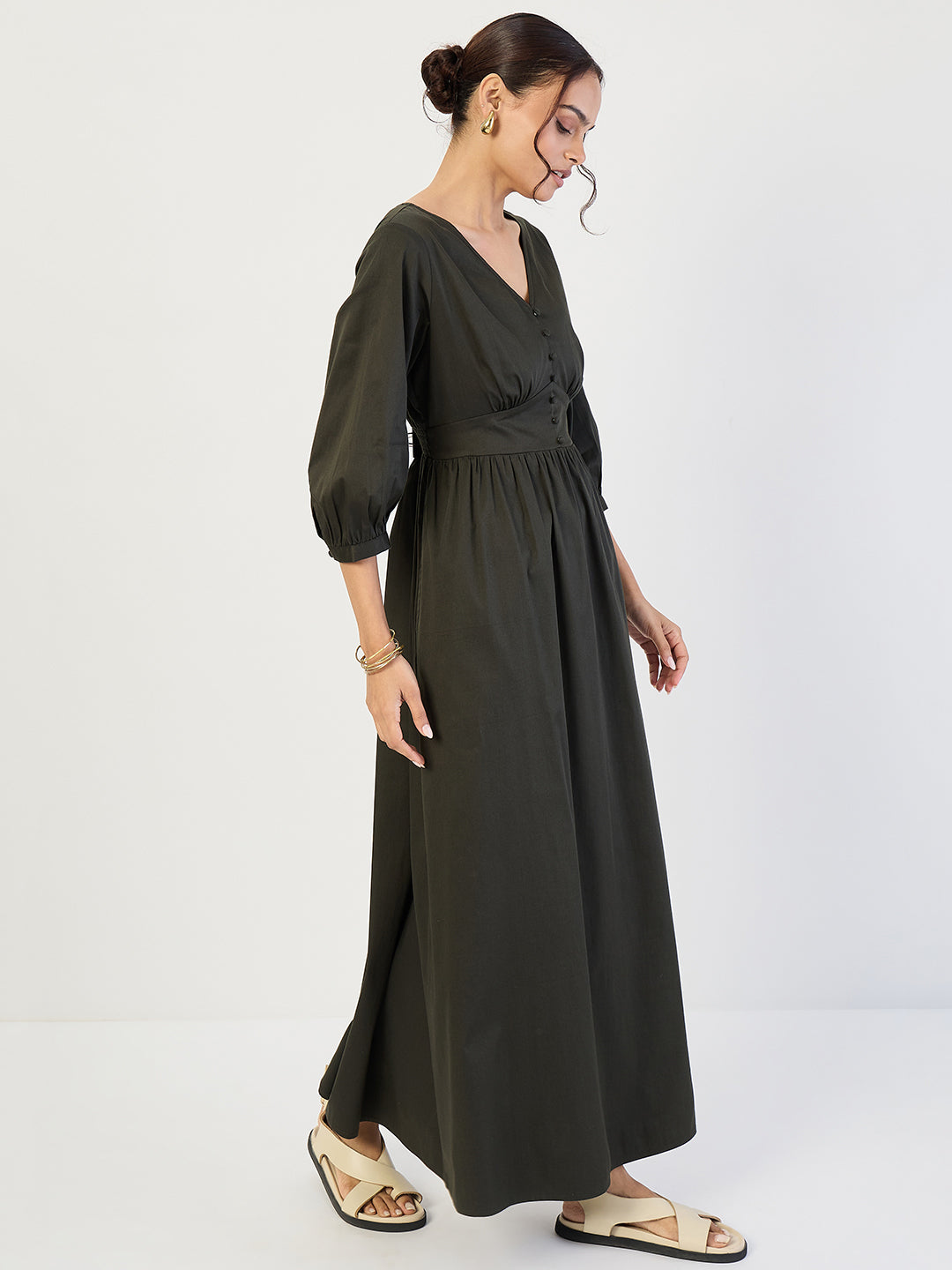 Olive Cotton Corset Detailing Maxi Dress