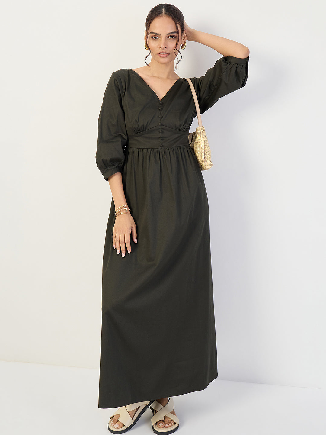 Olive Cotton Corset Detailing Maxi Dress