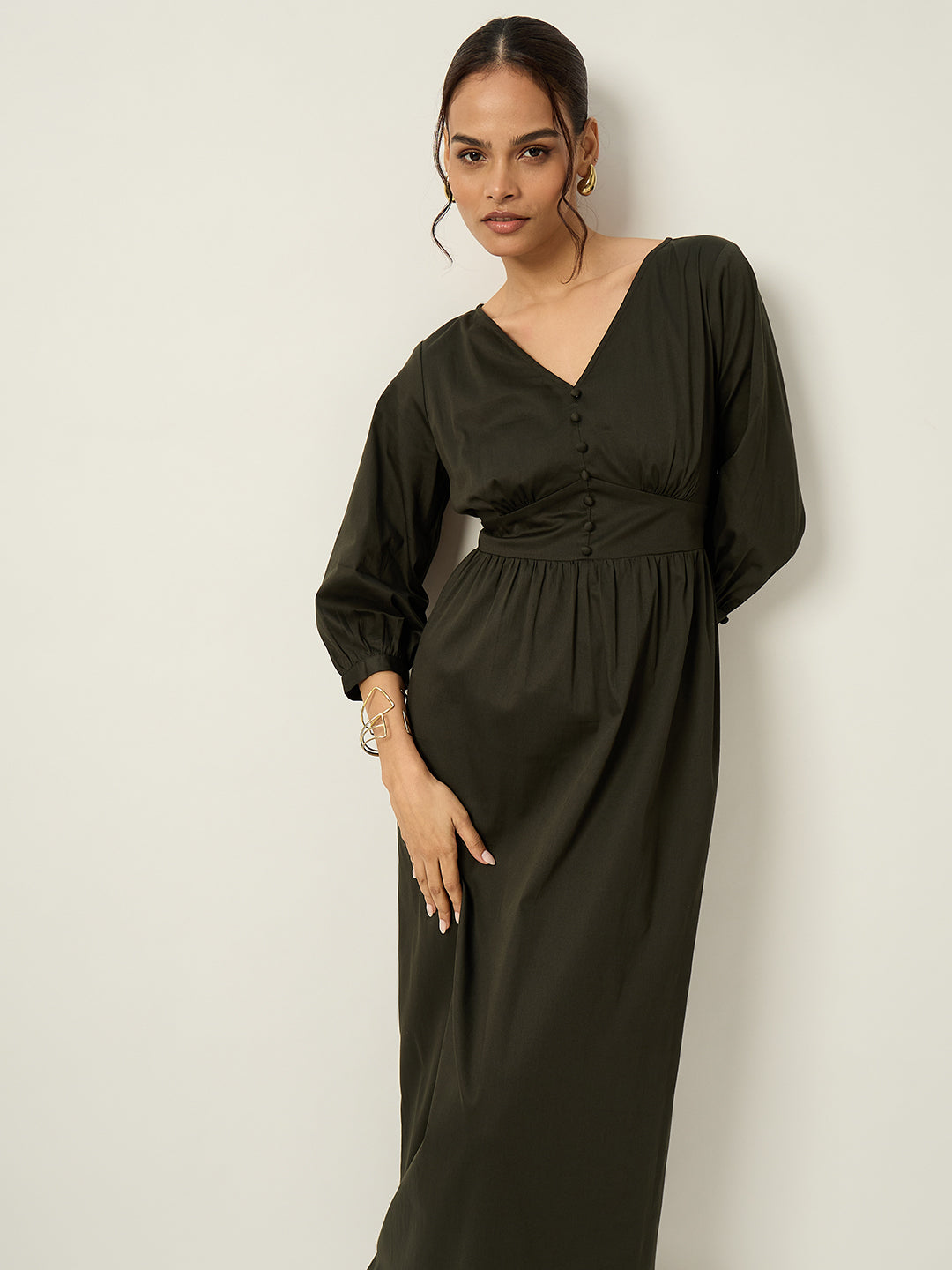 Olive Cotton Corset Detailing Maxi Dress