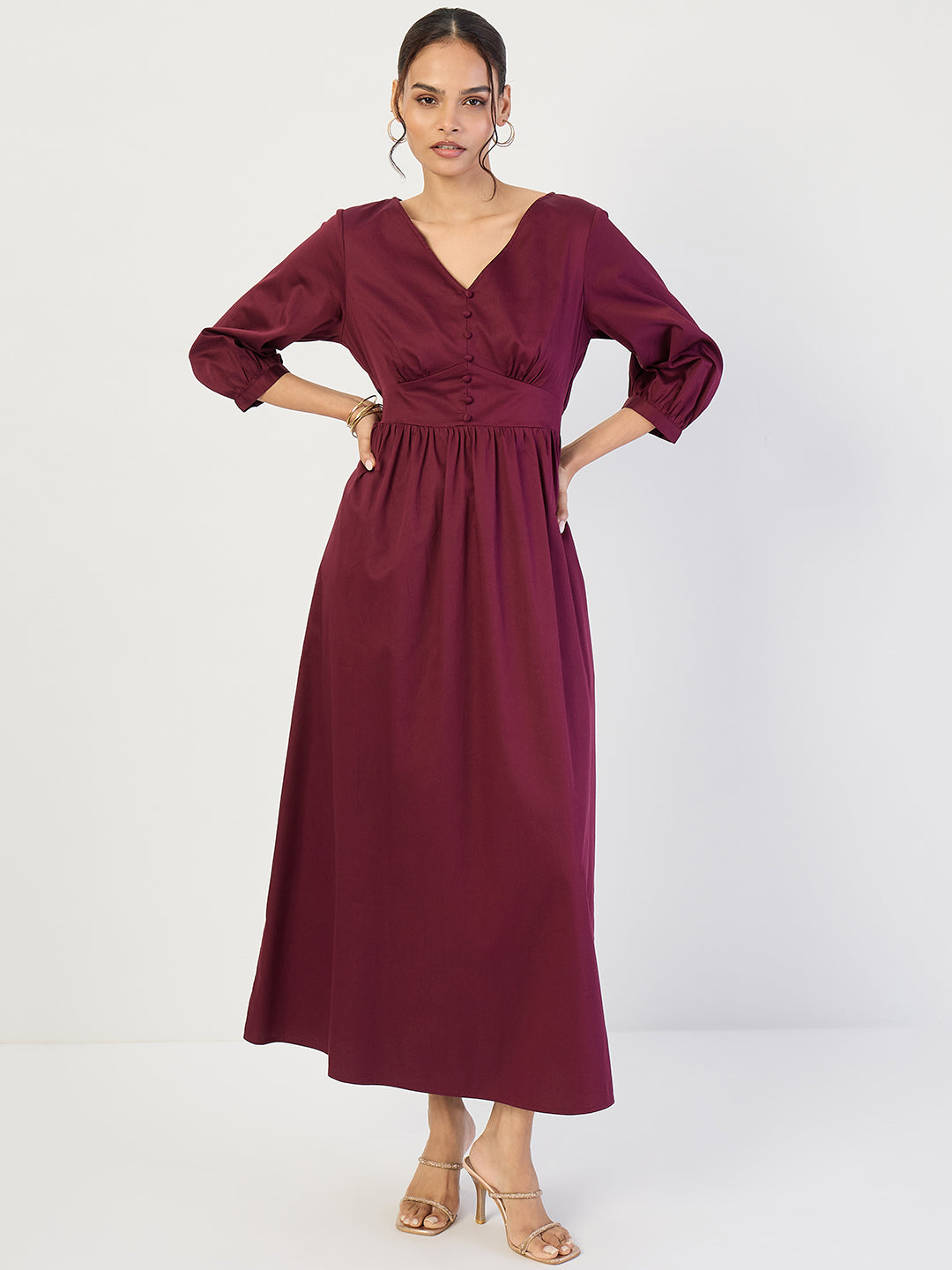 Wine Cotton Corset Detailing Maxi Dress