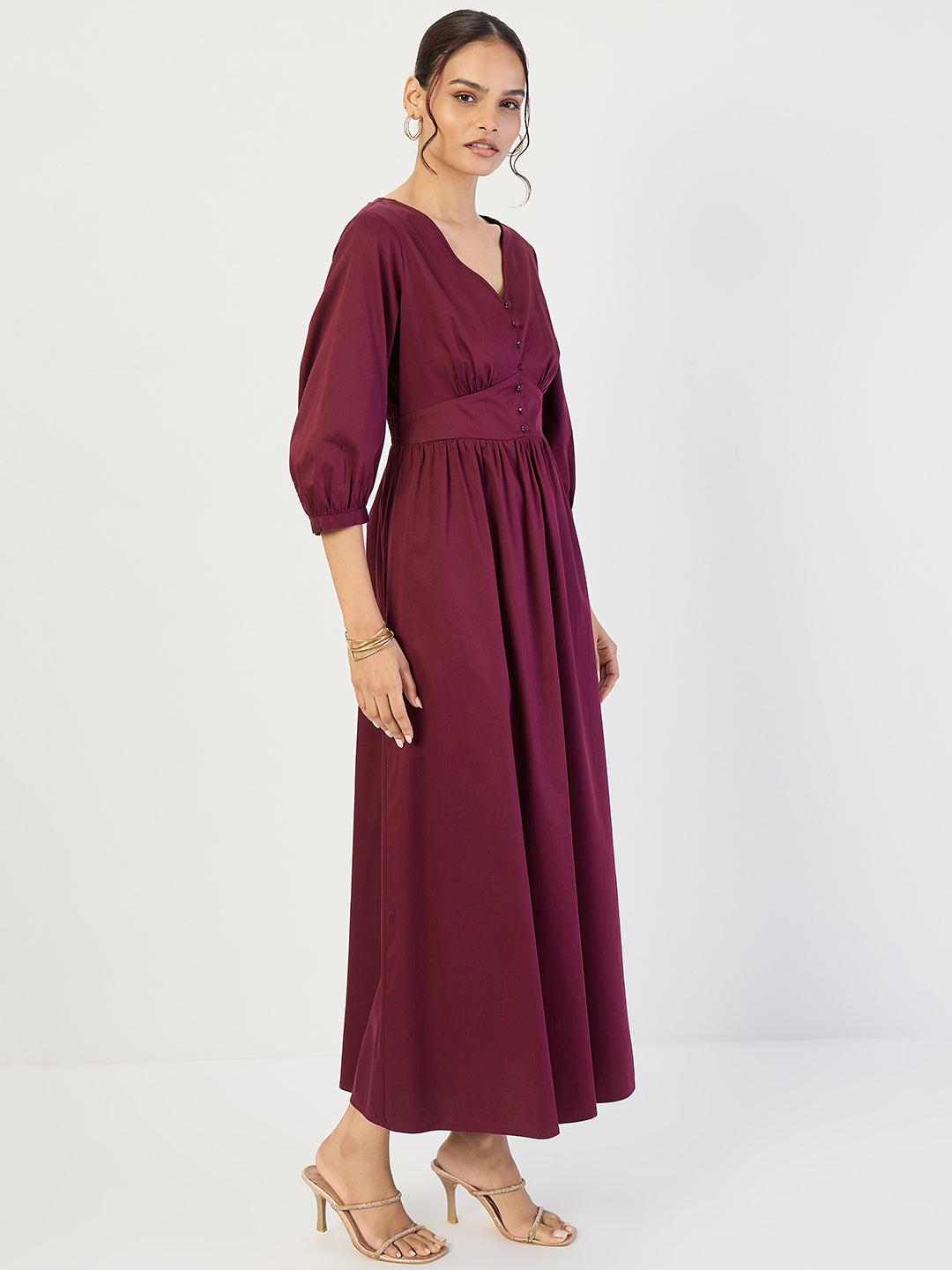 Wine Cotton Corset Detailing Maxi Dress