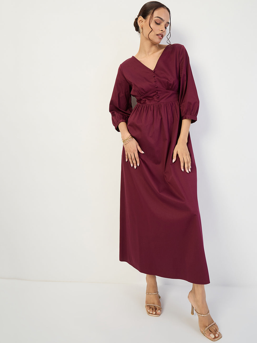 Wine Cotton Corset Detailing Maxi Dress