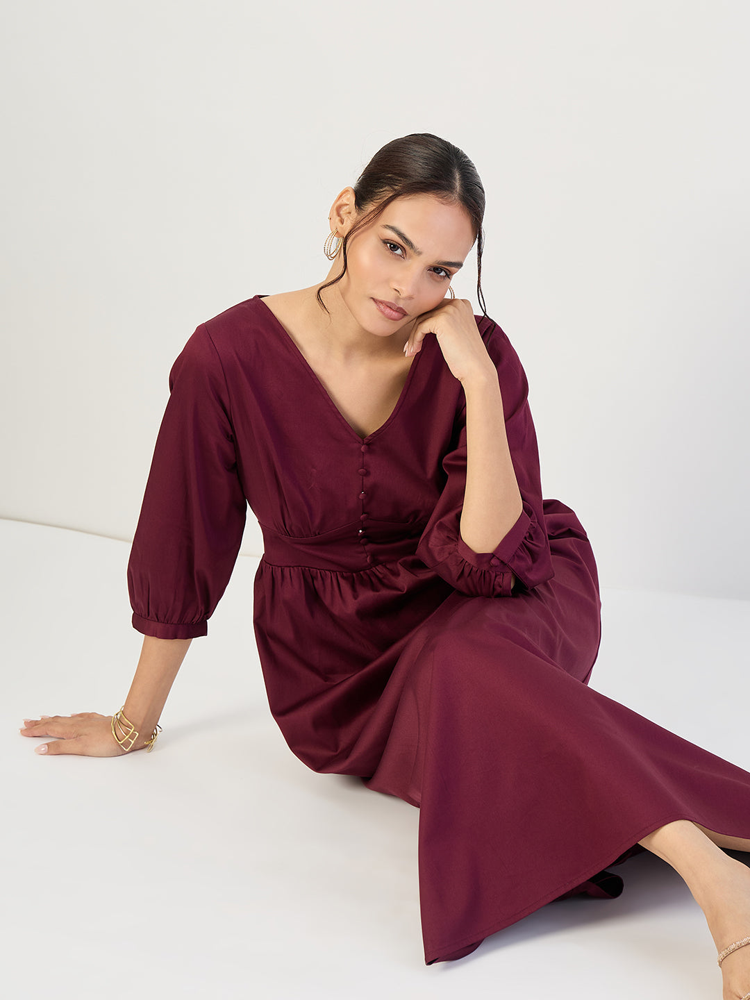 Wine Cotton Corset Detailing Maxi Dress