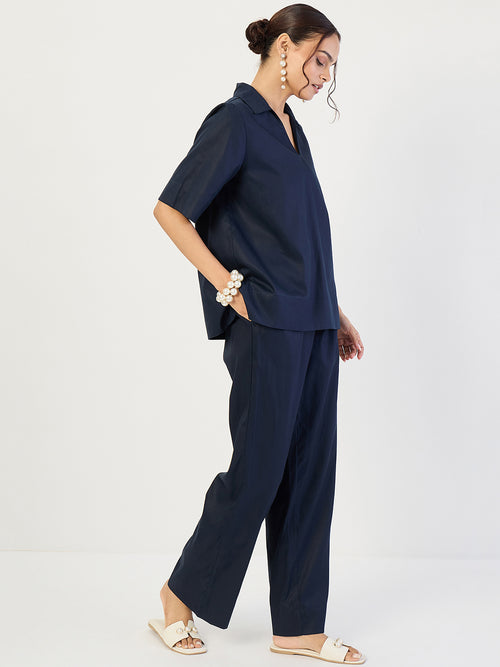 Navy Cotton Pin Tuck Detail Co-Ord Set