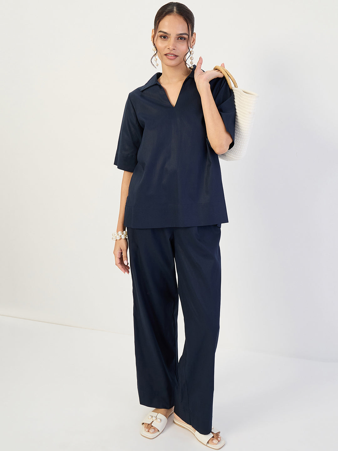 Navy Cotton Pin Tuck Detail Co-Ord Set