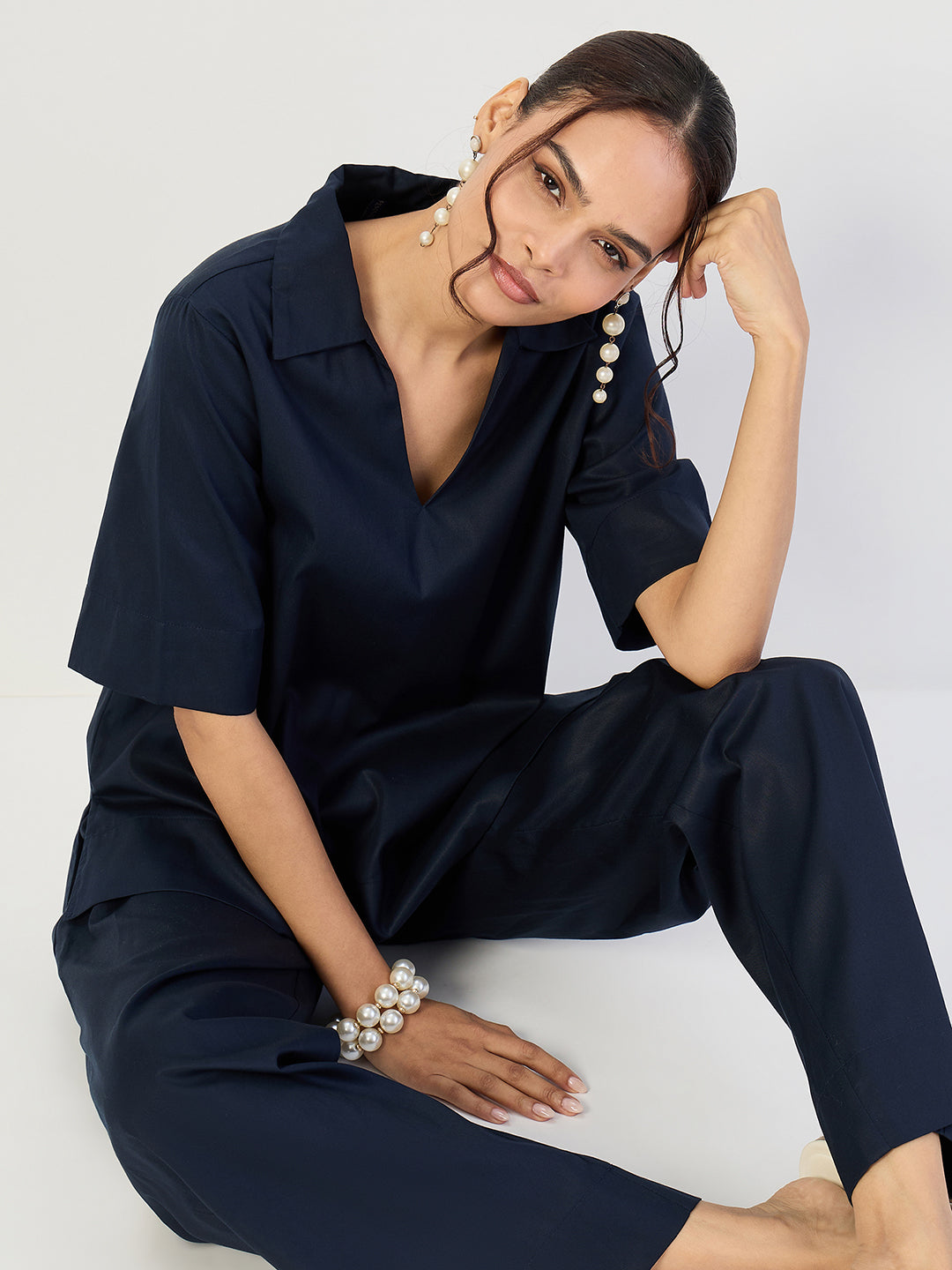 Navy Cotton Pin Tuck Detail Co-Ord Set