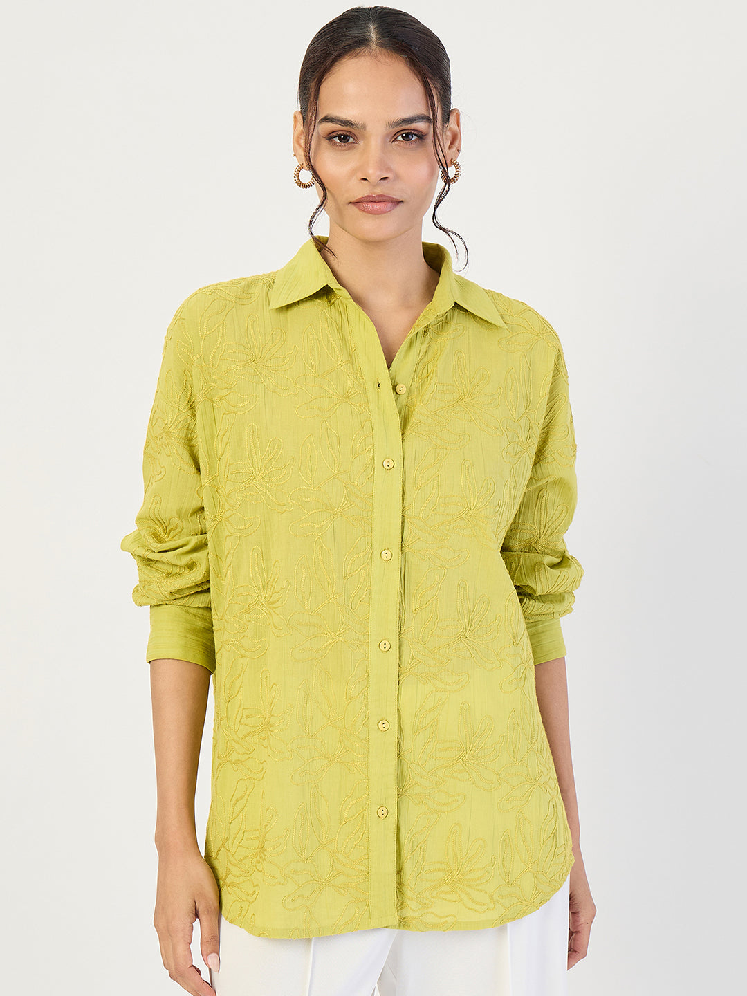 Citrine Green Embroidered Cotton Shirt