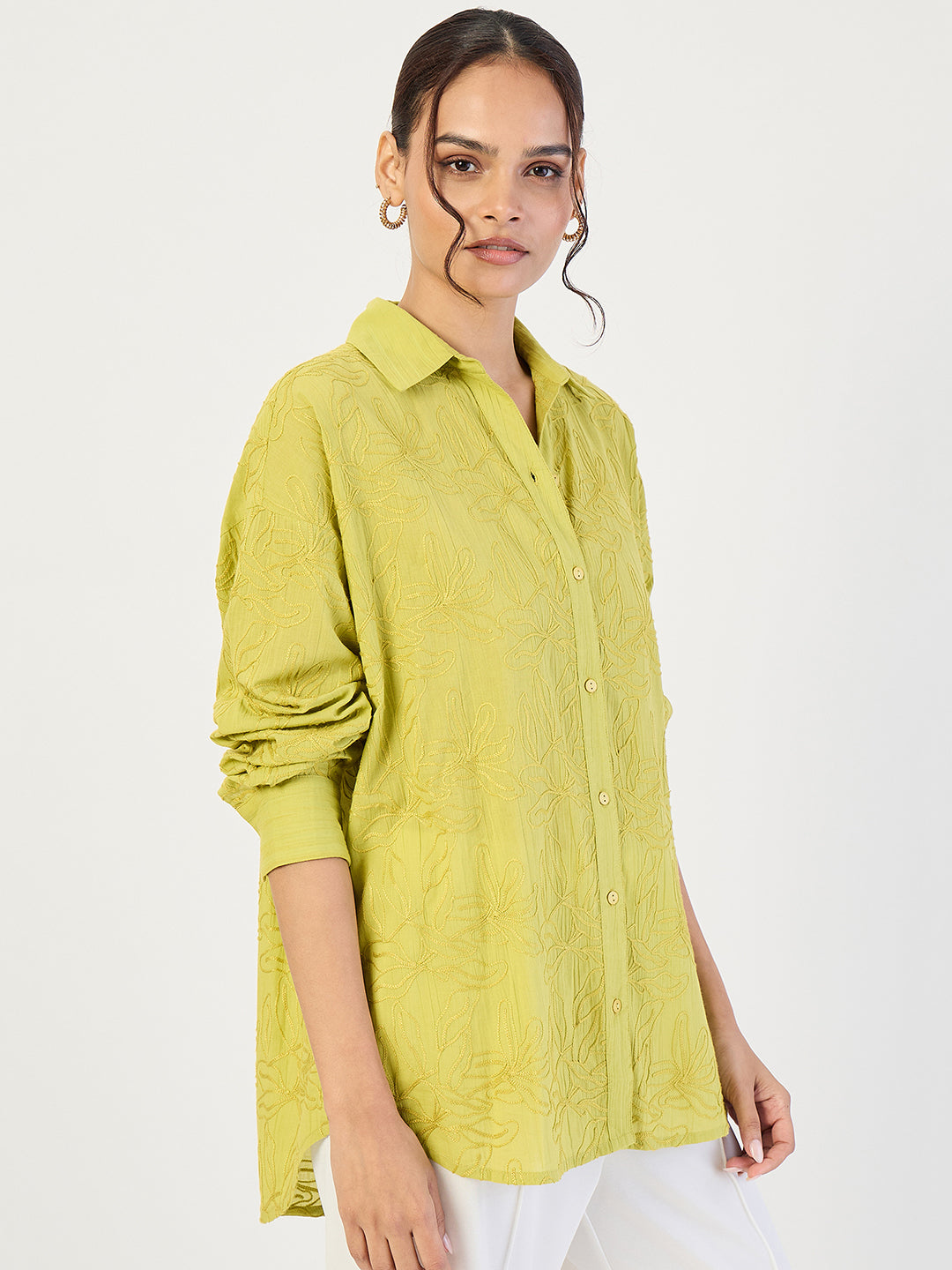Citrine Green Embroidered Cotton Shirt
