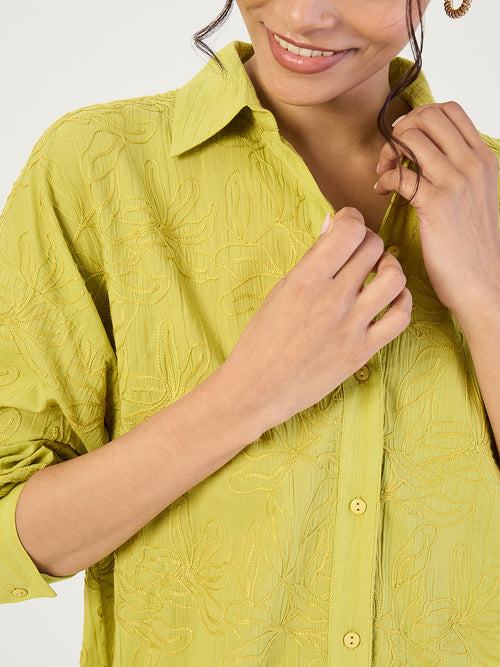 Citrine Green Embroidered Cotton Shirt