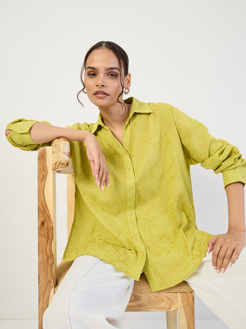Citrine Green Embroidered Cotton Shirt