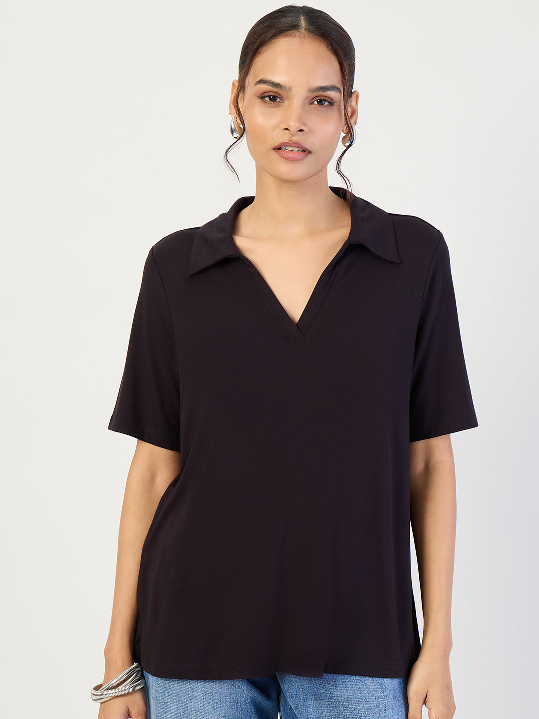 Bamboo Black Knit Collared T-Shirt