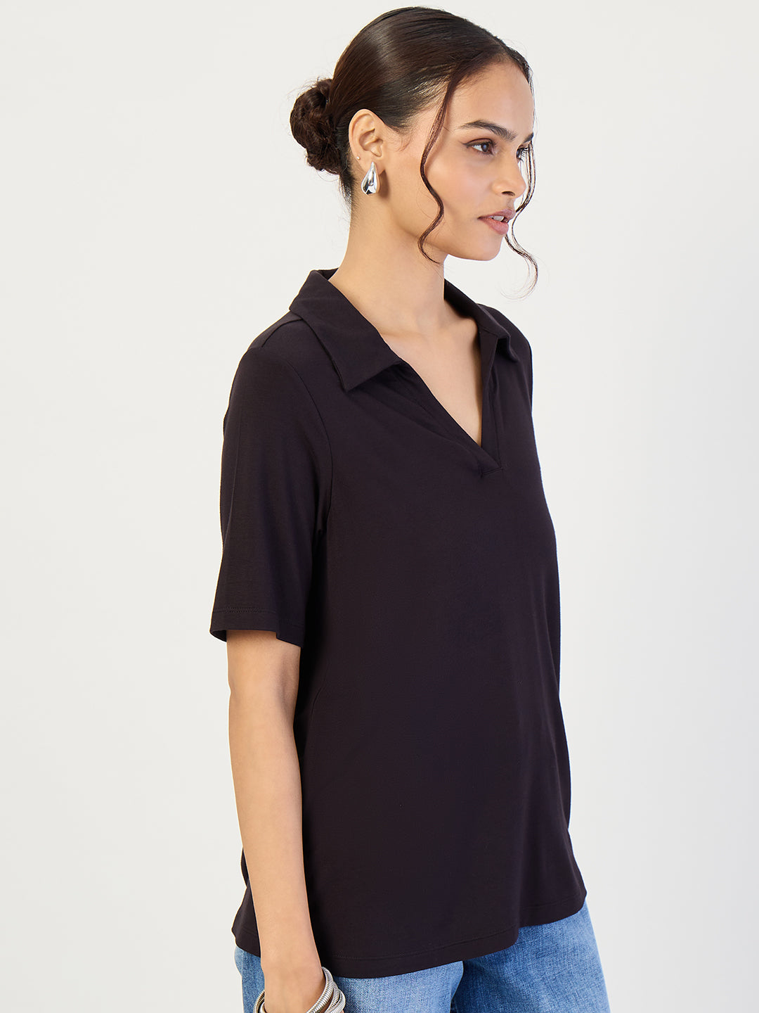 Bamboo Black Knit Collared T-Shirt