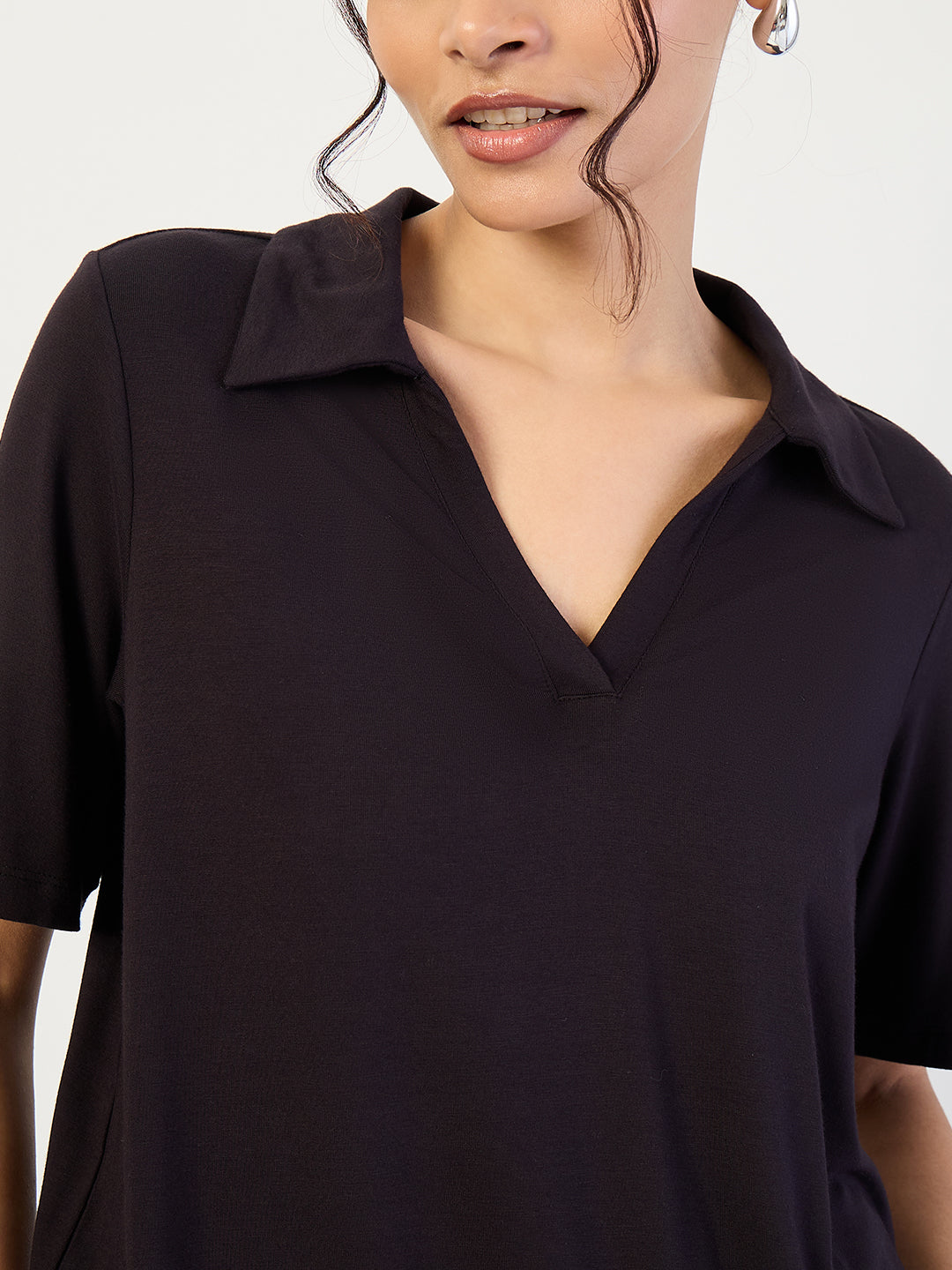 Bamboo Black Knit Collared T-Shirt