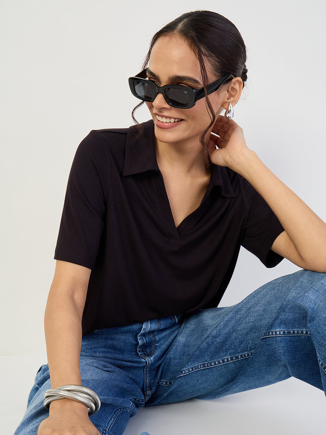 Bamboo Black Knit Collared T-Shirt