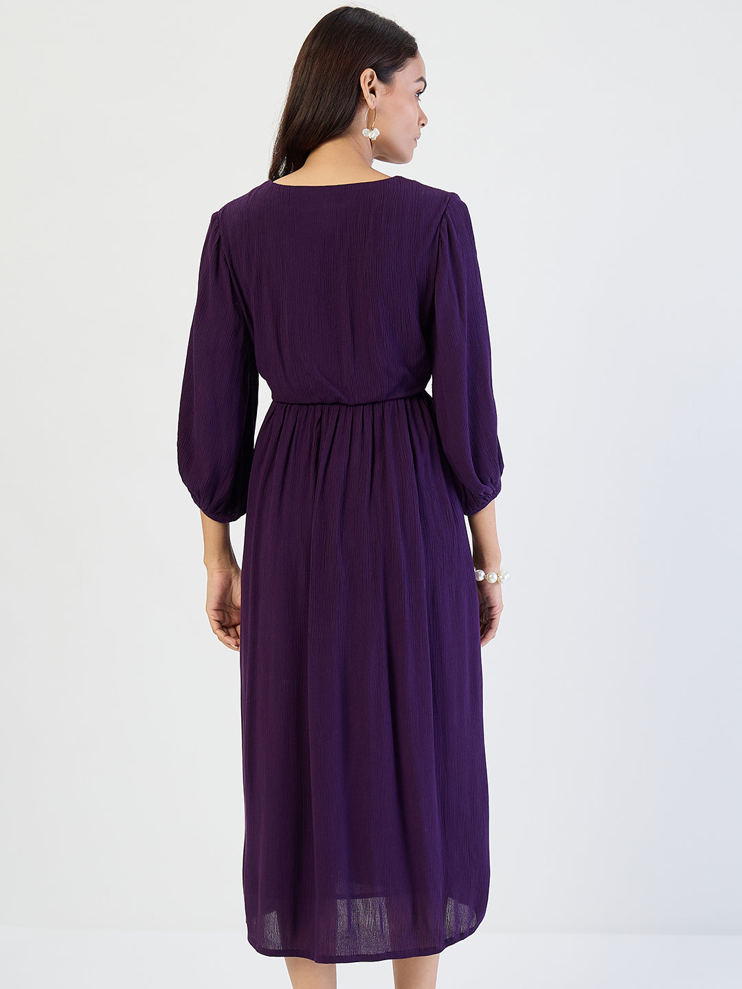 Deep Purple Crinkled Lace Detail Midi Dress