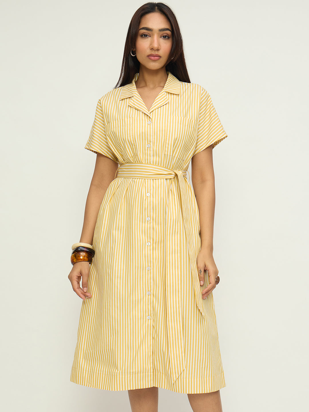 Yellow Stripe Button Down Midi Dress