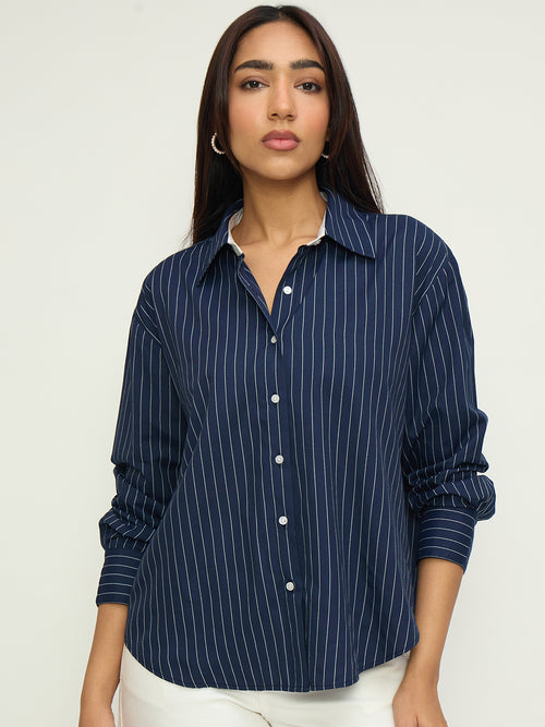Navy Stripe Colorblock Oversized Shirt