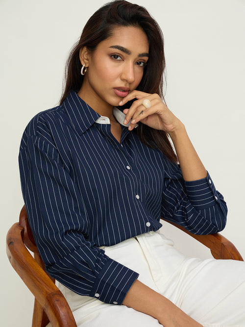 Navy Stripe Colorblock Oversized Shirt