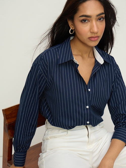 Navy Stripe Colorblock Oversized Shirt