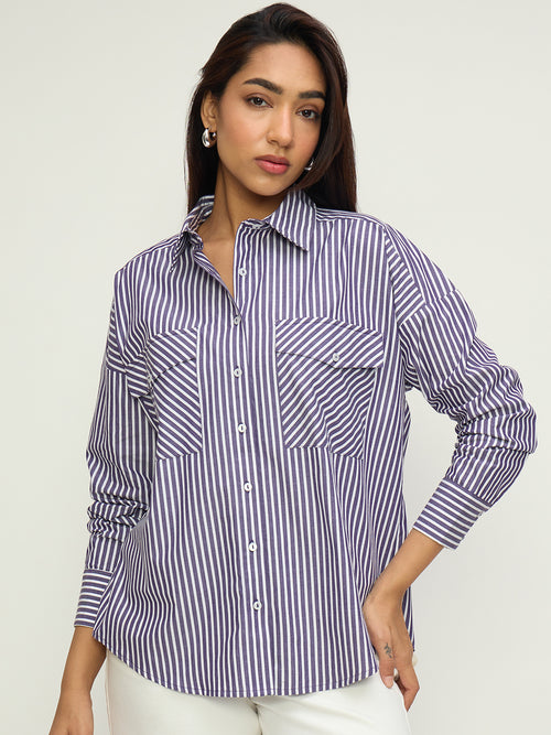 Purple Stripe Dual Pocket Oversized Shirt