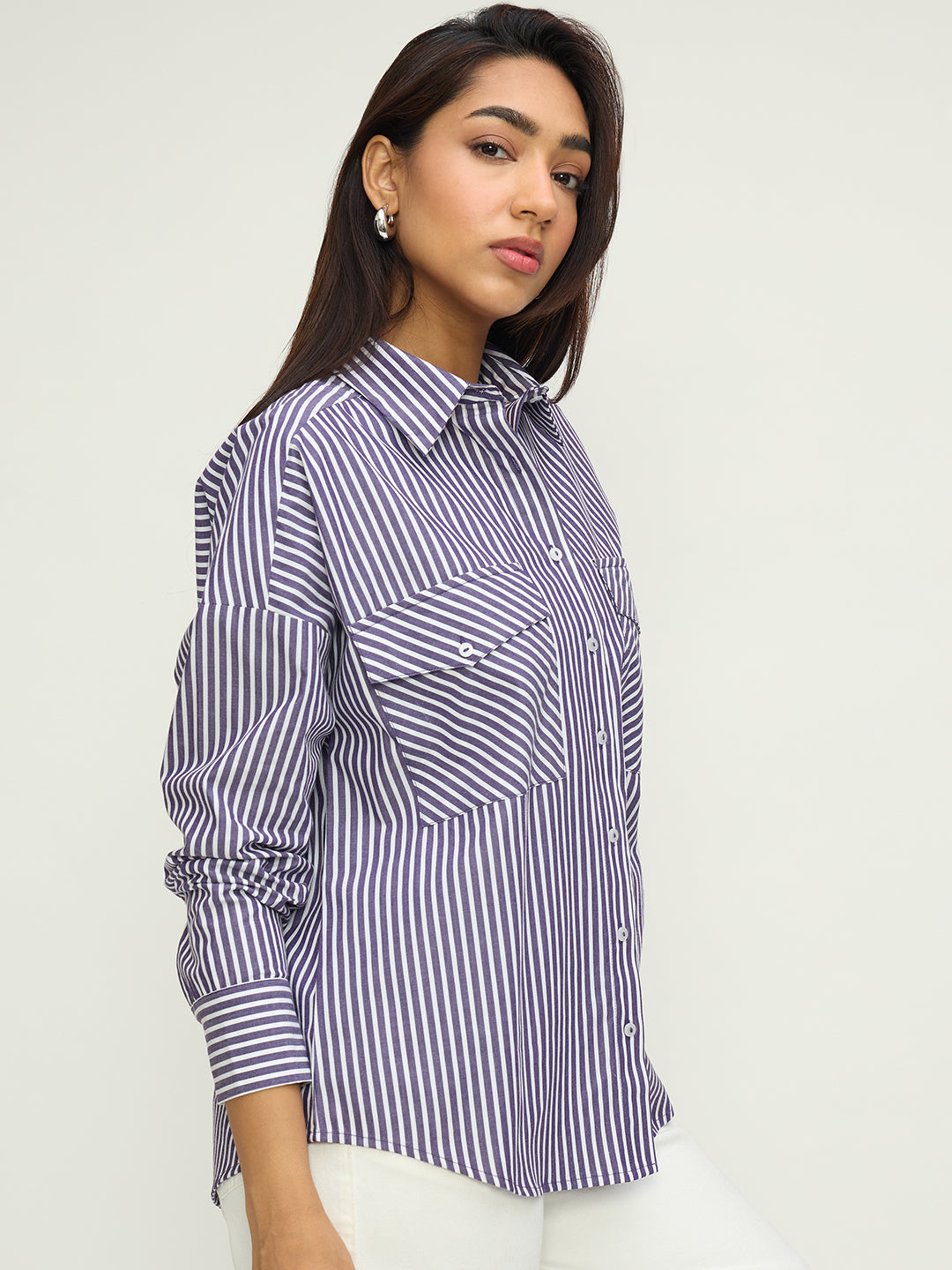 Purple Stripe Dual Pocket Oversized Shirt