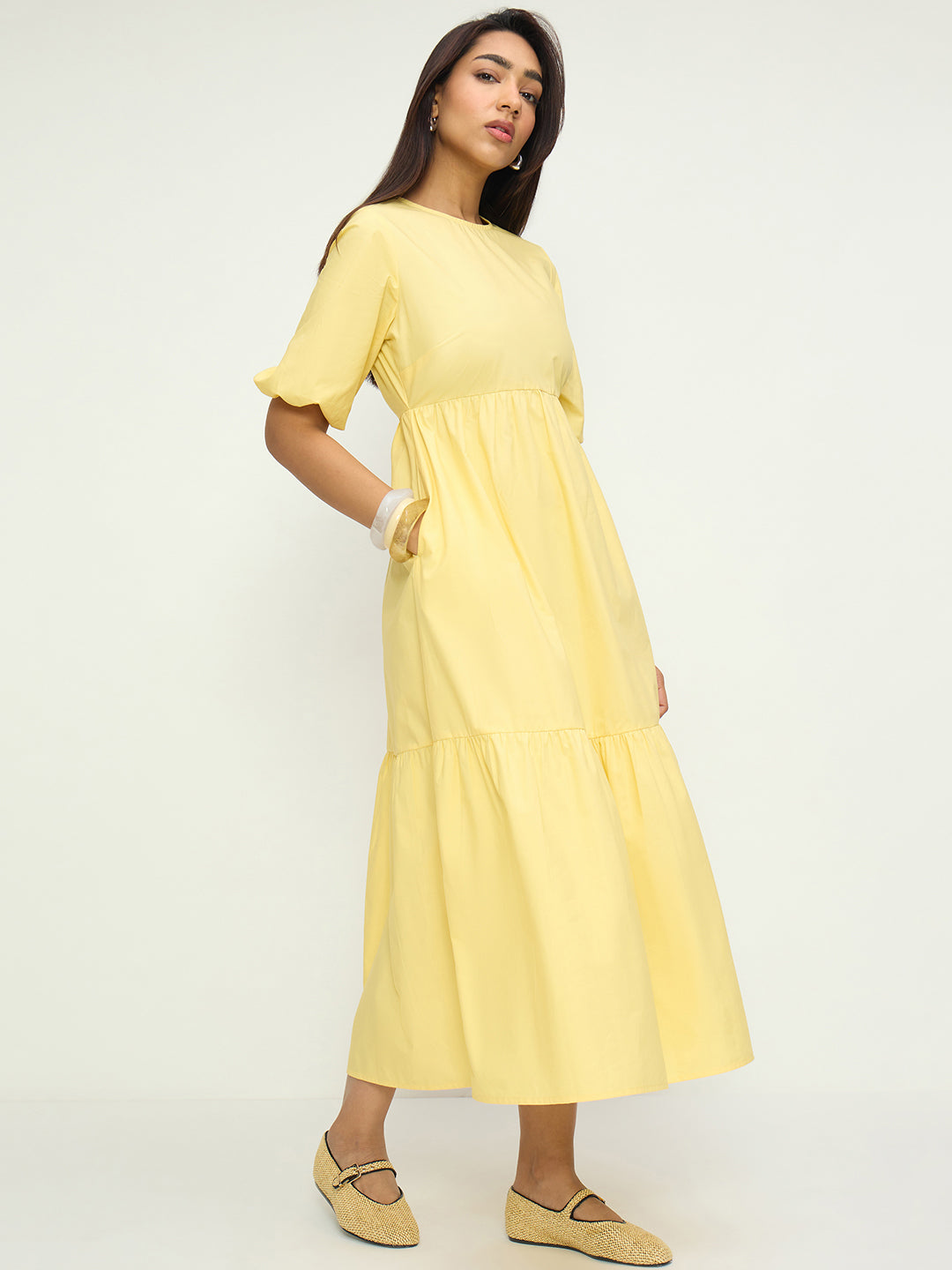 Butter Yellow Poplin Tiered Maxi Dress