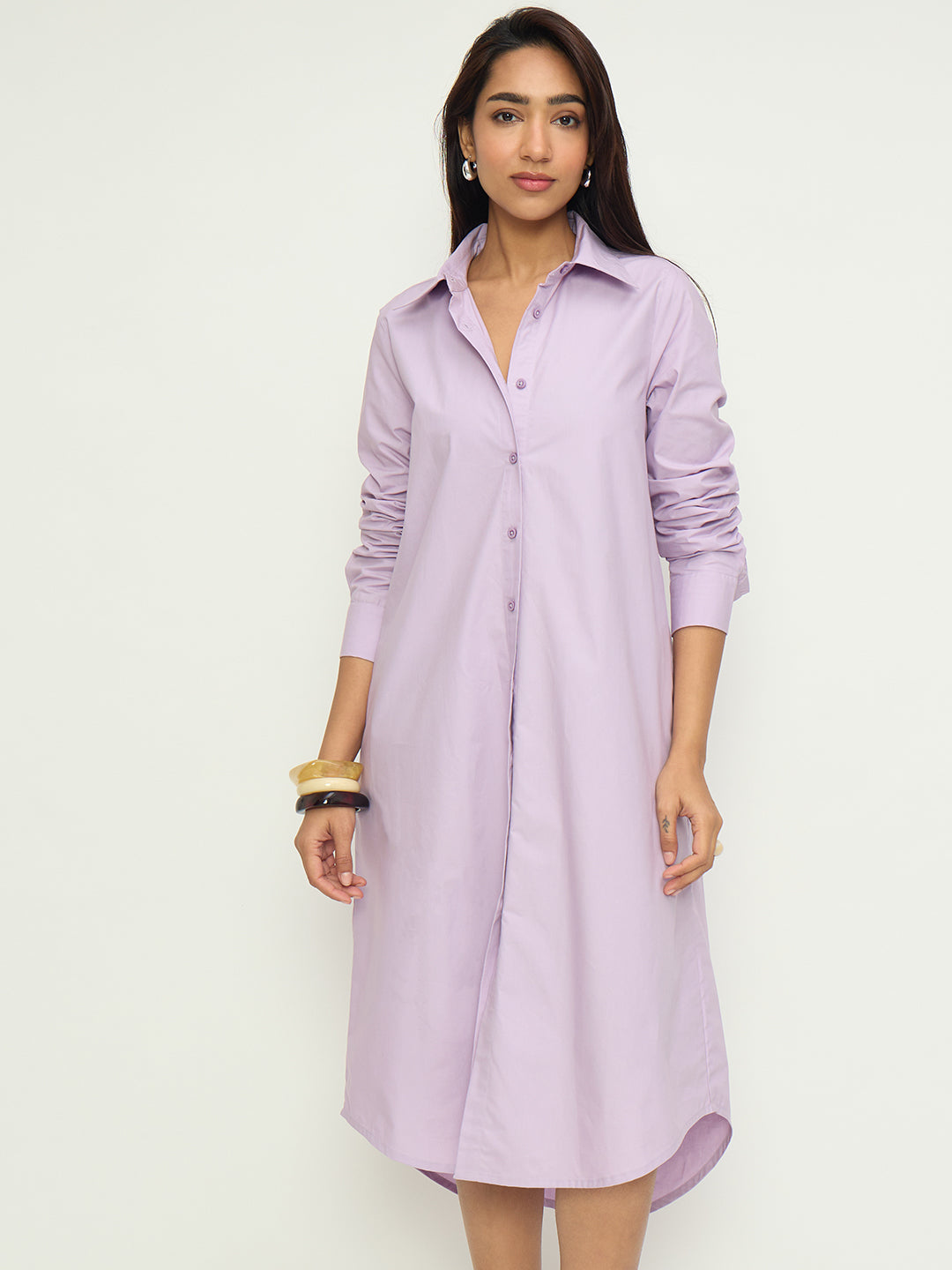 CrispCotton Lilac Asymmetrical Shirt Midi Dress