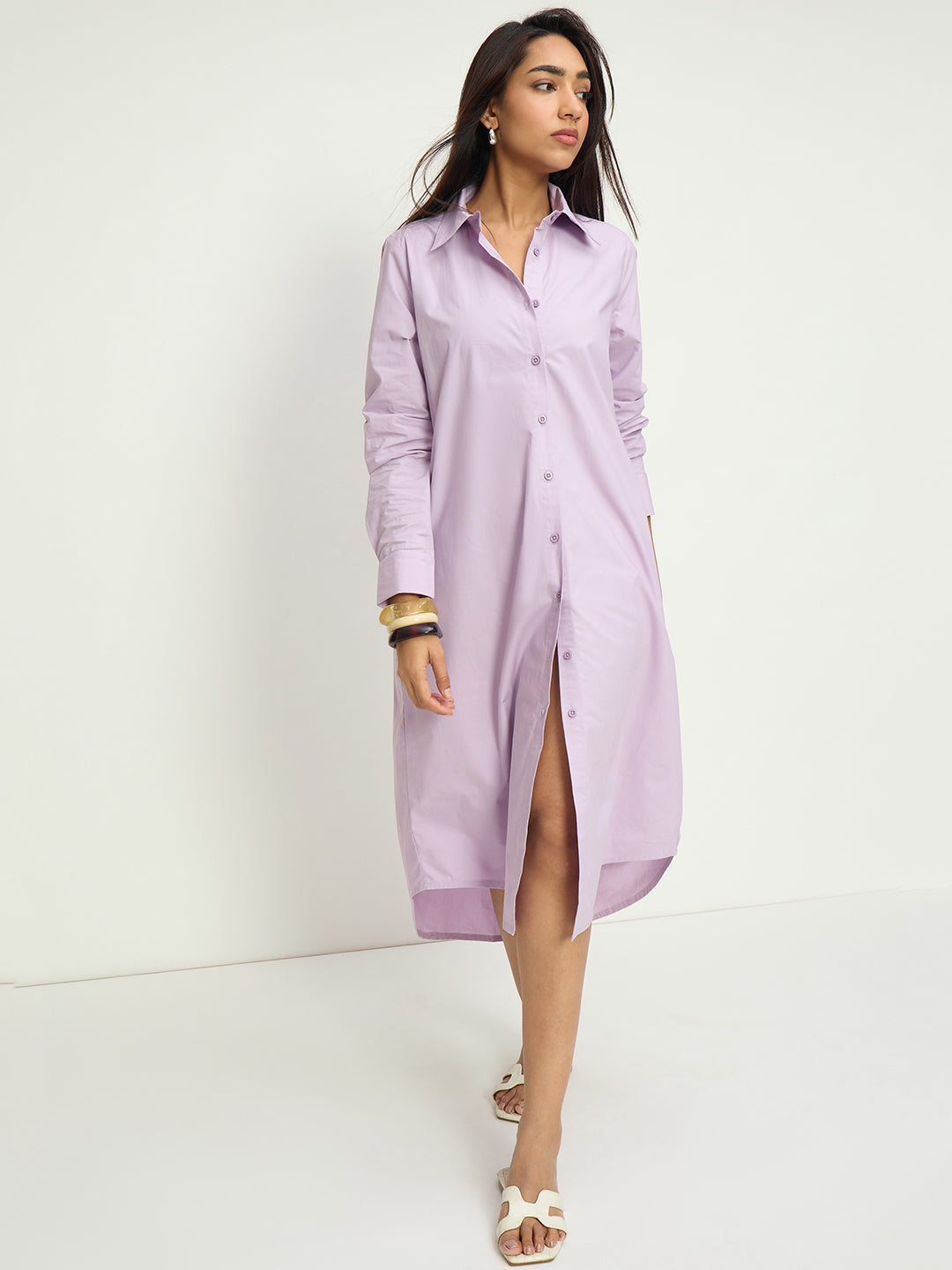 CrispCotton Lilac Asymmetrical Shirt Midi Dress