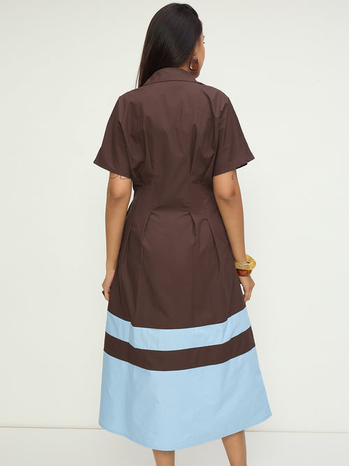 CrispCotton Mocha Blue Colorblock Dress